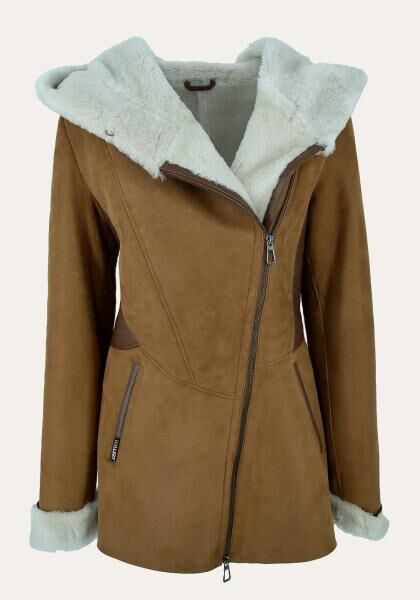 Lammfelljacke Chestnut mit Kapuze und Ledereinsätzen – natürlich warm & stilvoll