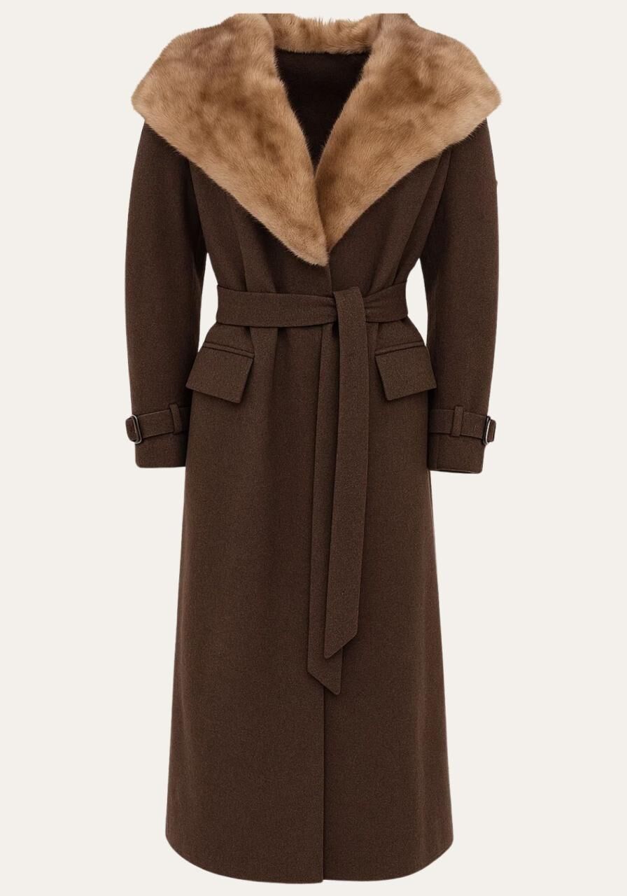 Mantel Valentina – Kaschmir mit Fellkragen und Kapuze - Größe: 3XL