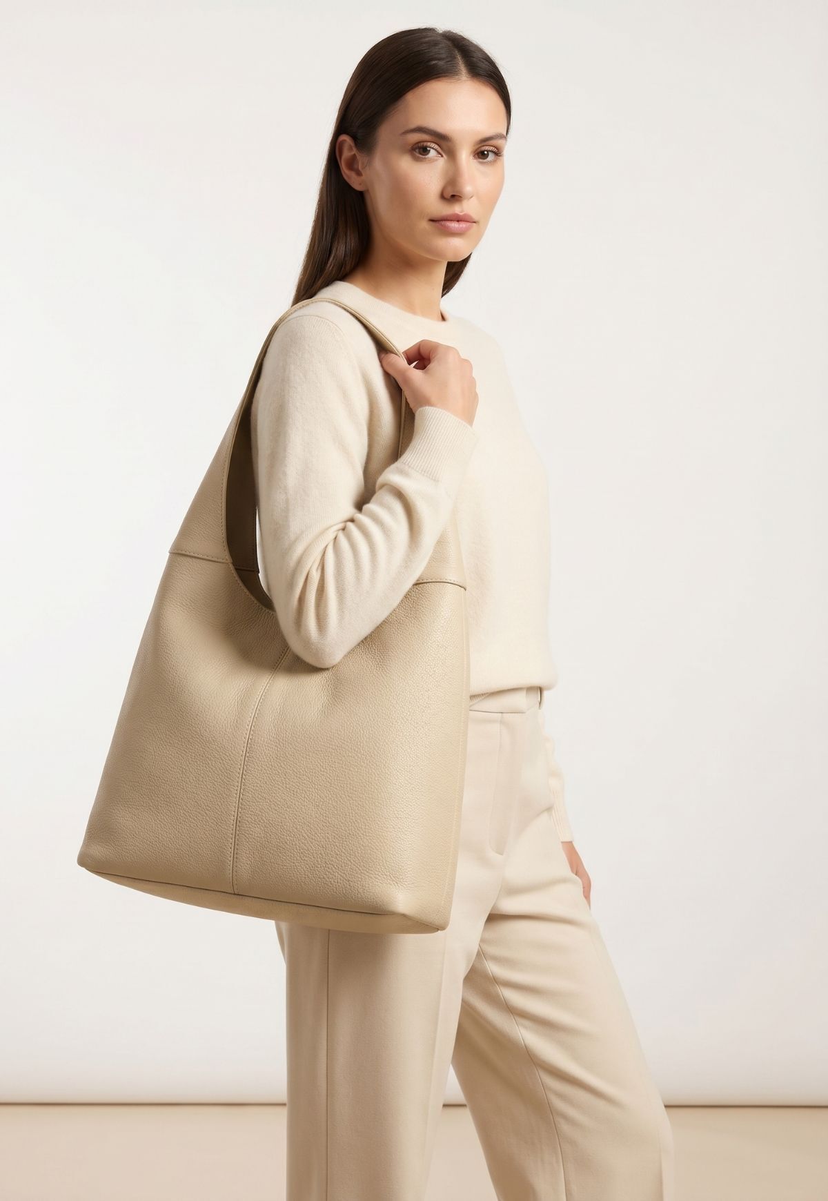 Minimalistische Hobo Bag aus Echtleder – Stilvolle Schultertasche in Cremebeige