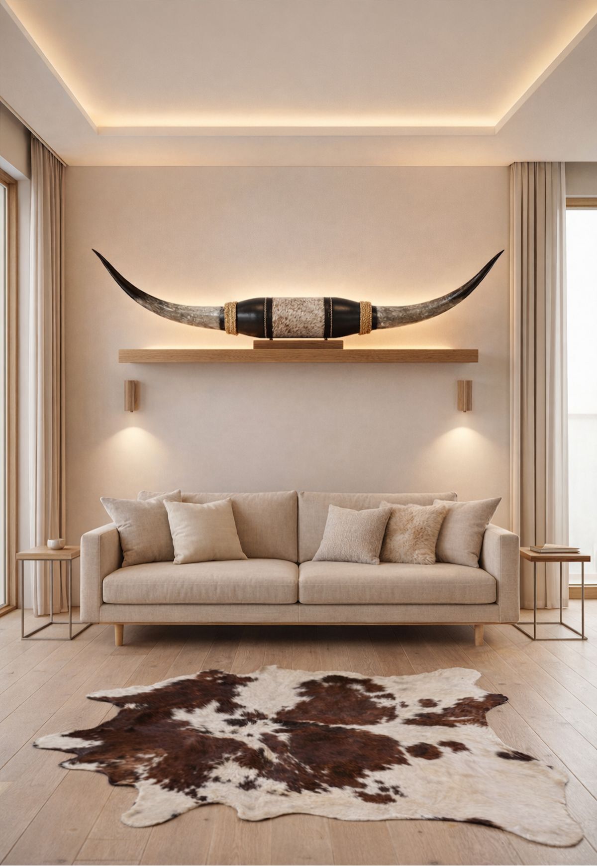 Longhorn Wandobjekt Modell 3 – Naturhorn Einzelstück mit Leder- & Holzhalterung