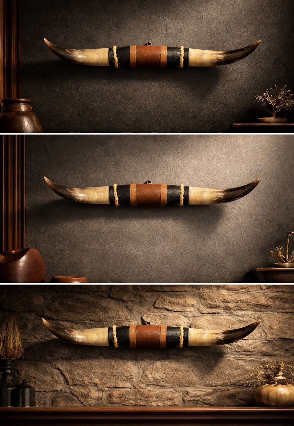 Bullenhorn Wandobjekt Modell 11 - Naturhorn Einzelstück mit Leder & Holzhalterung