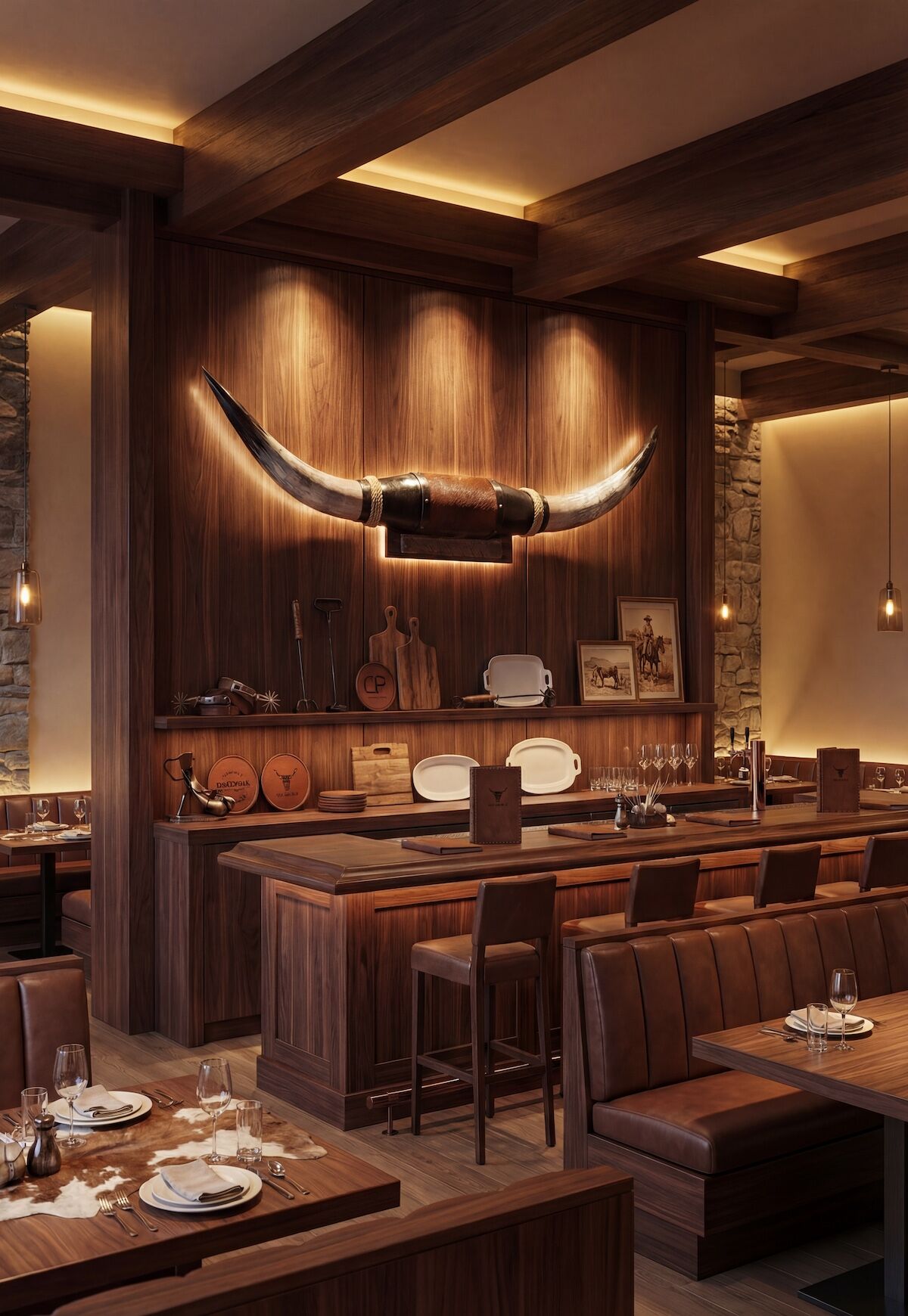 Longhorn Wandobjekt Modell 2 – Naturhorn Einzelstück mit Leder- & Holzhalterung