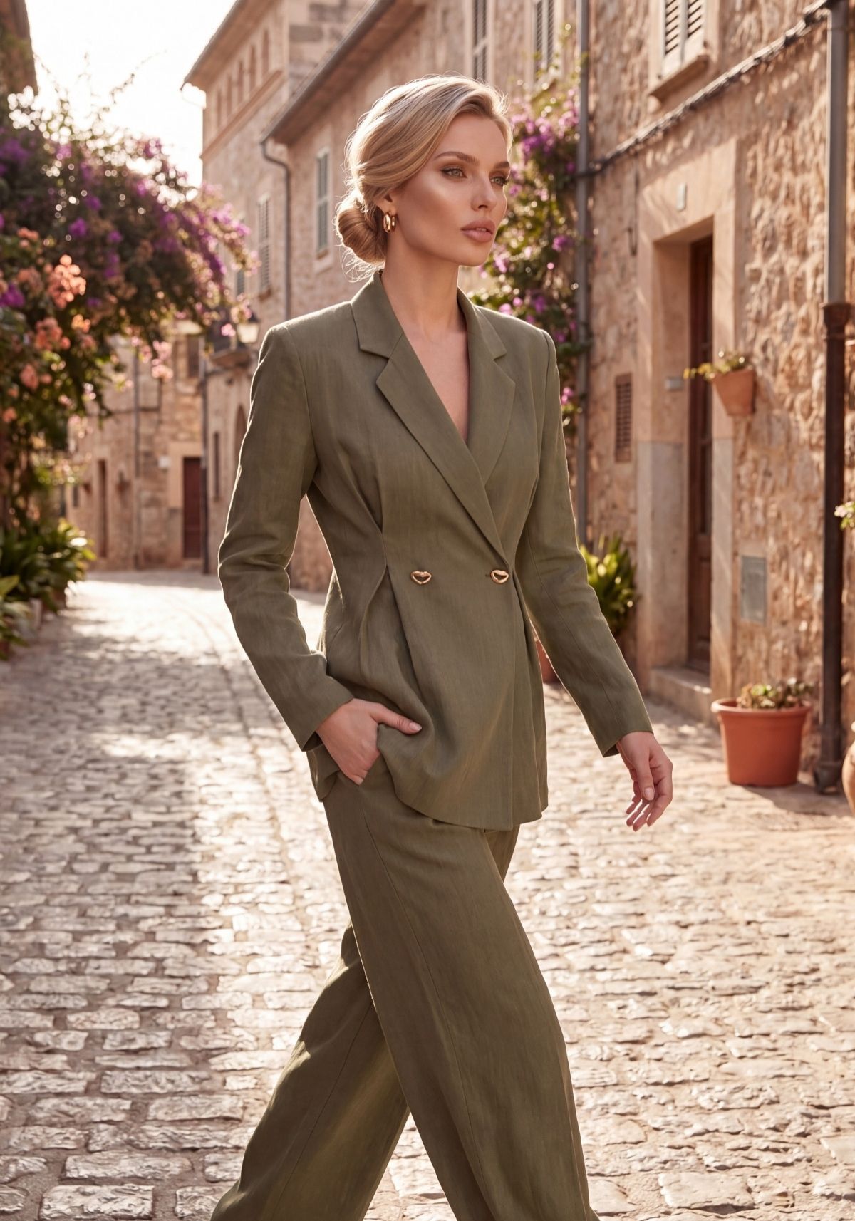 Stilvolles Damen Set Khaki – Langarm Blazer & Palazzo-Hose