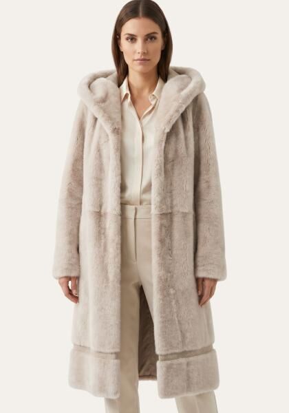 Shearling Lammfellmantel Creme-Beige mit Kapuze Modell 1053