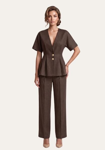 Stilvolles Damen Set Braun - Kurzarm Blazer & Palazzo-Hose