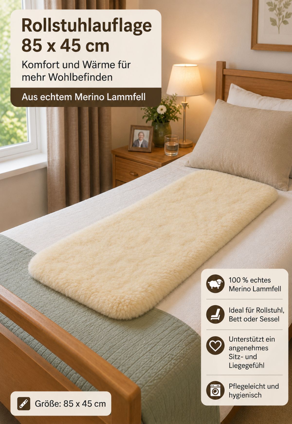 Rollstuhlauflage aus Natur-Lammfell - weich, warm& pflanzlich gegerbt