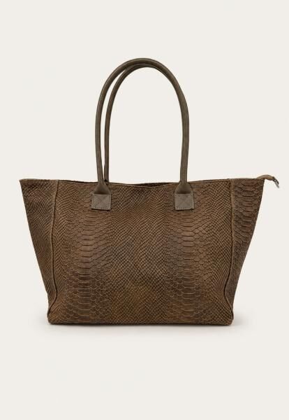 Damen Shopper aus Veloursleder mit Kroko-Prägung in Braun