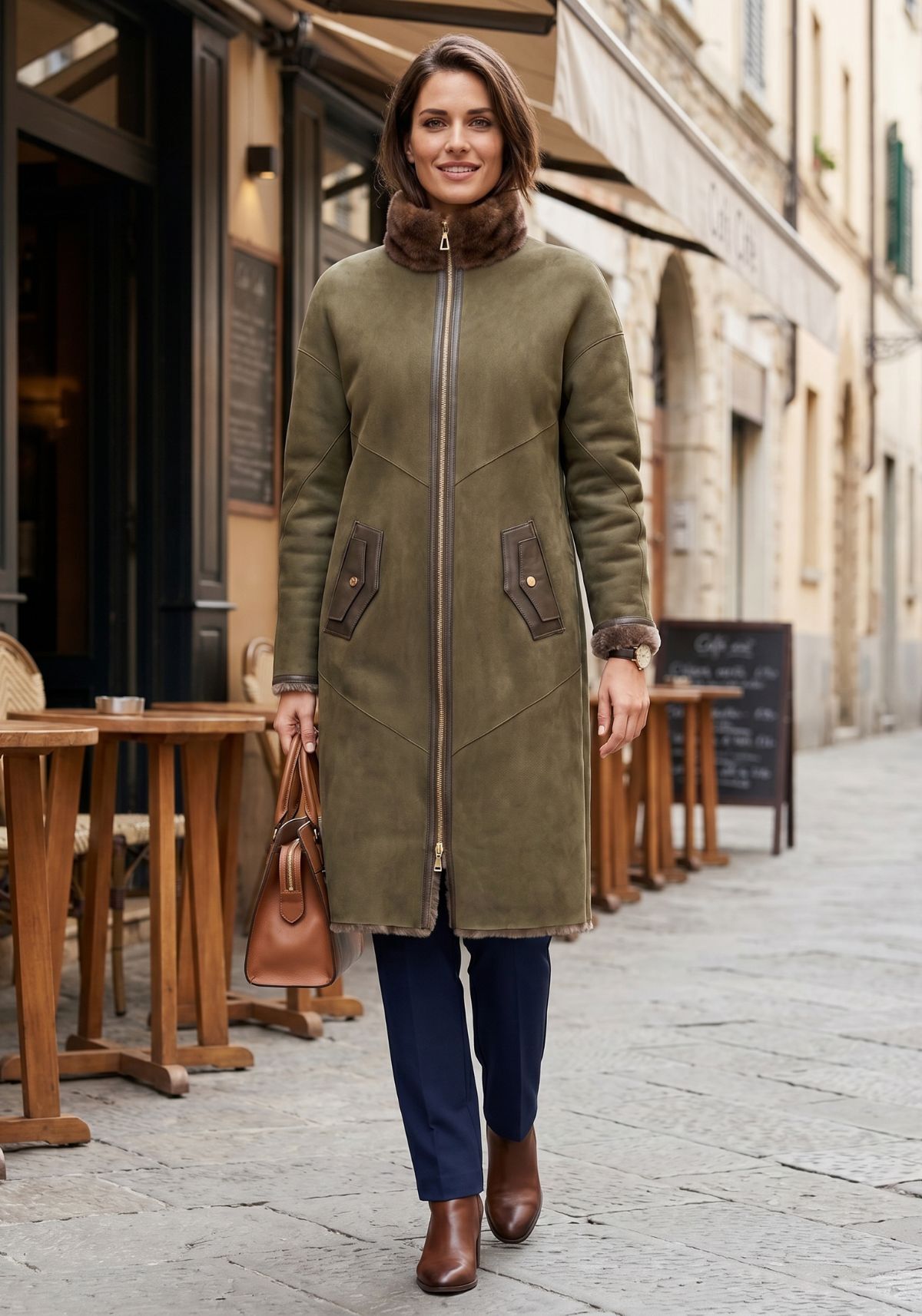Shearling Lammfellmantel in Olive Modell 1134