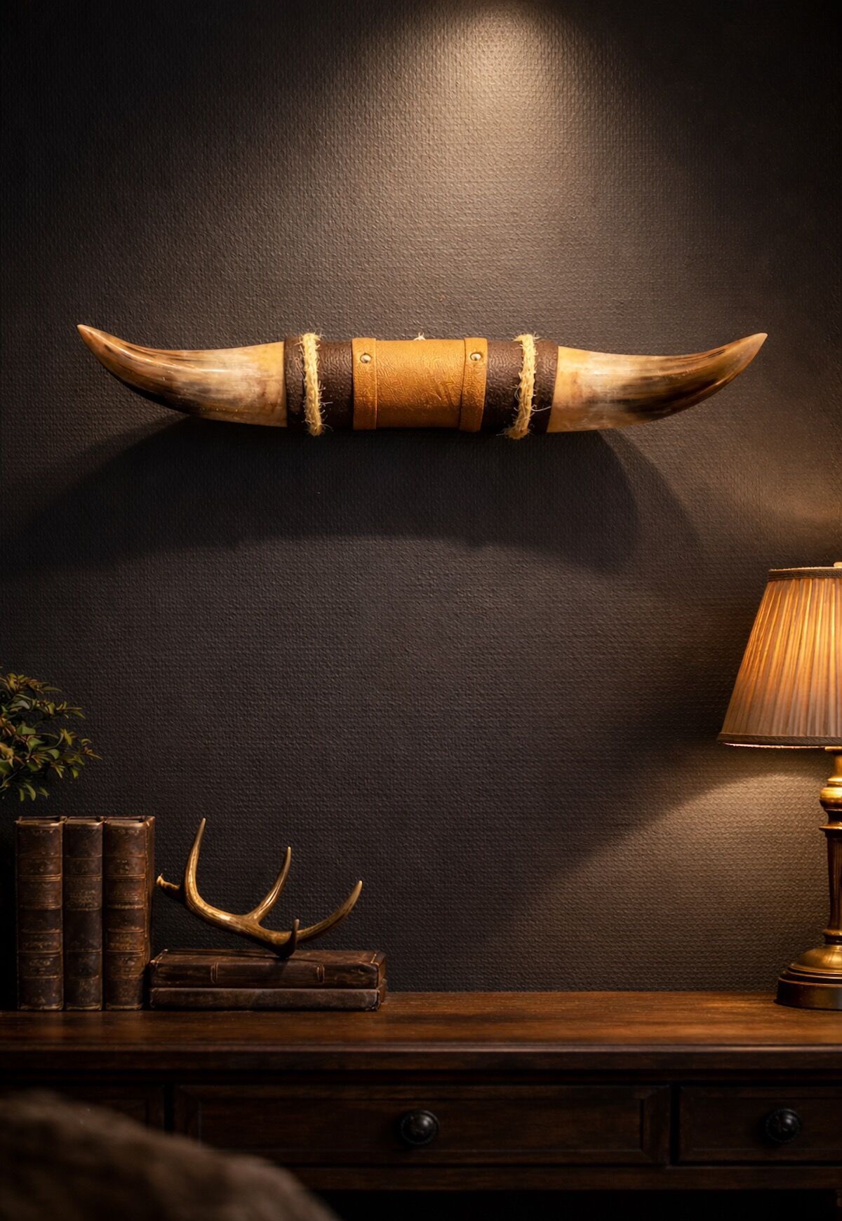 Bullenhorn Wandobjekt Modell 13 - Naturhorn Einzelstück mit Leder & Holzhalterung