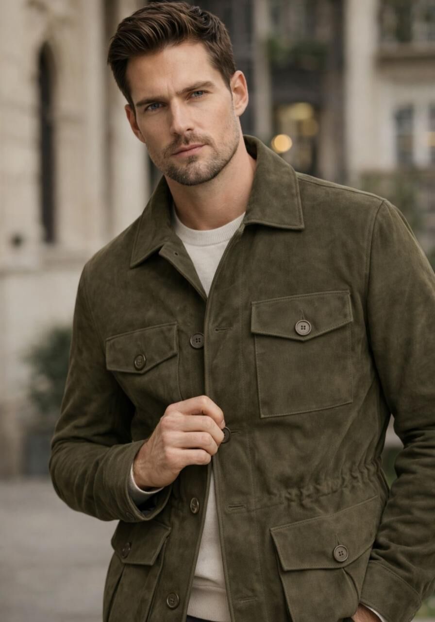 Lederjacke in Oliv – Klassischer Safari Stil - Größe: L