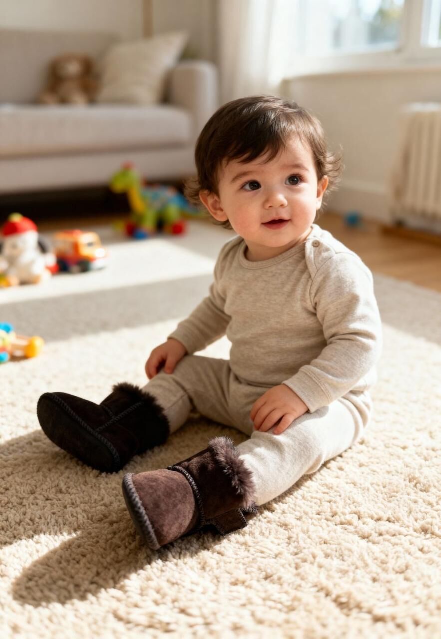 Baby Lammfellschuhe MIT KLETTVERSCHLUSS Dunkelbraun – Wei... - Schuhgröße: EUR 20-21