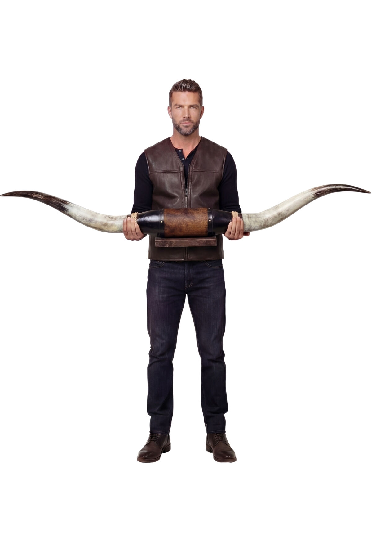 Longhorn Wandobjekt Modell 1 – Naturhorn Einzelstück mit Leder- & Holzhalterung