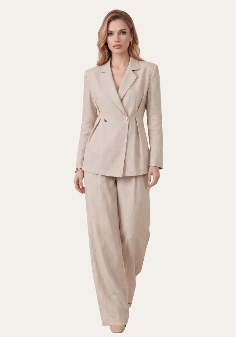 Stilvolles Damen Set Beige - Langarm Blazer & Palazzo-Hose - Größe: XL