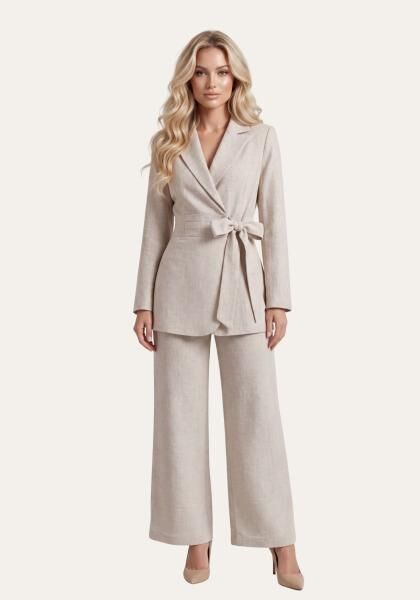 Damen Set Beige – Langarm Wickelblazer & Palazzo-Hose