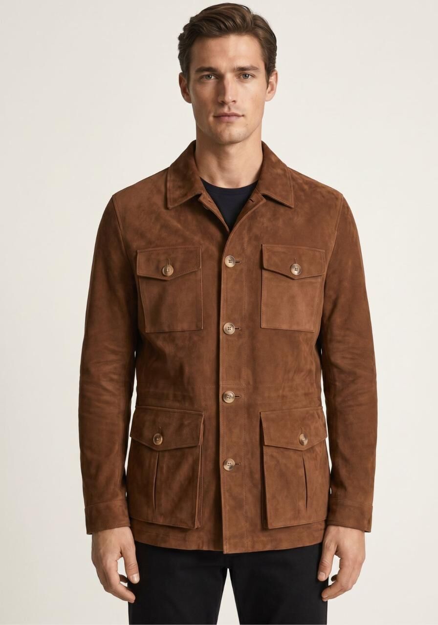 Lederjacke in Cognac Klassischer Safari Stil - Größe: 3XL