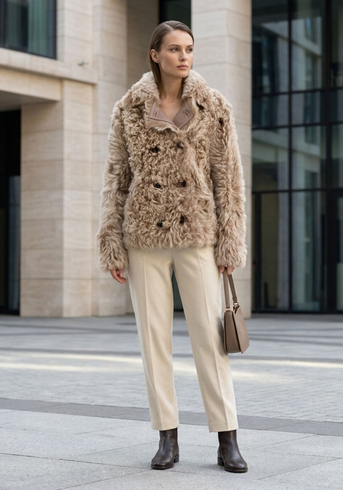 Curly-Lammfell-Wendejacke in Cappuccino - zwei Looks, ein Stil