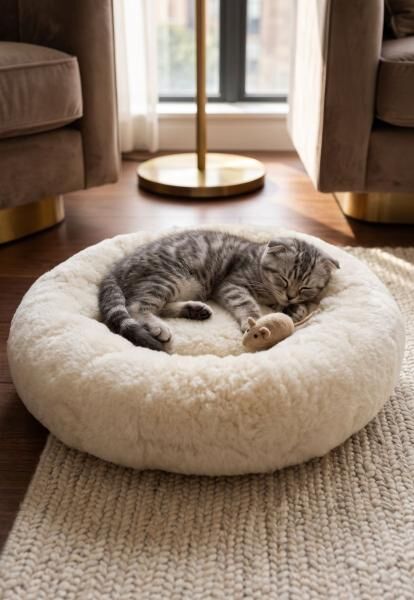 Tierbett aus Merino Lammfell für Hund & Katze – Rundes Kuschelbett Naturweiß Ø 45 cm