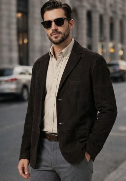 Lederjacke aus Lammveloursleder – Schwarz im Blazer-Stil
