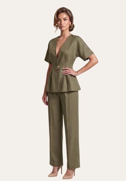 Stilvolles Damen Set Khaki - Kurzarm Blazer & Palazzo-Hose