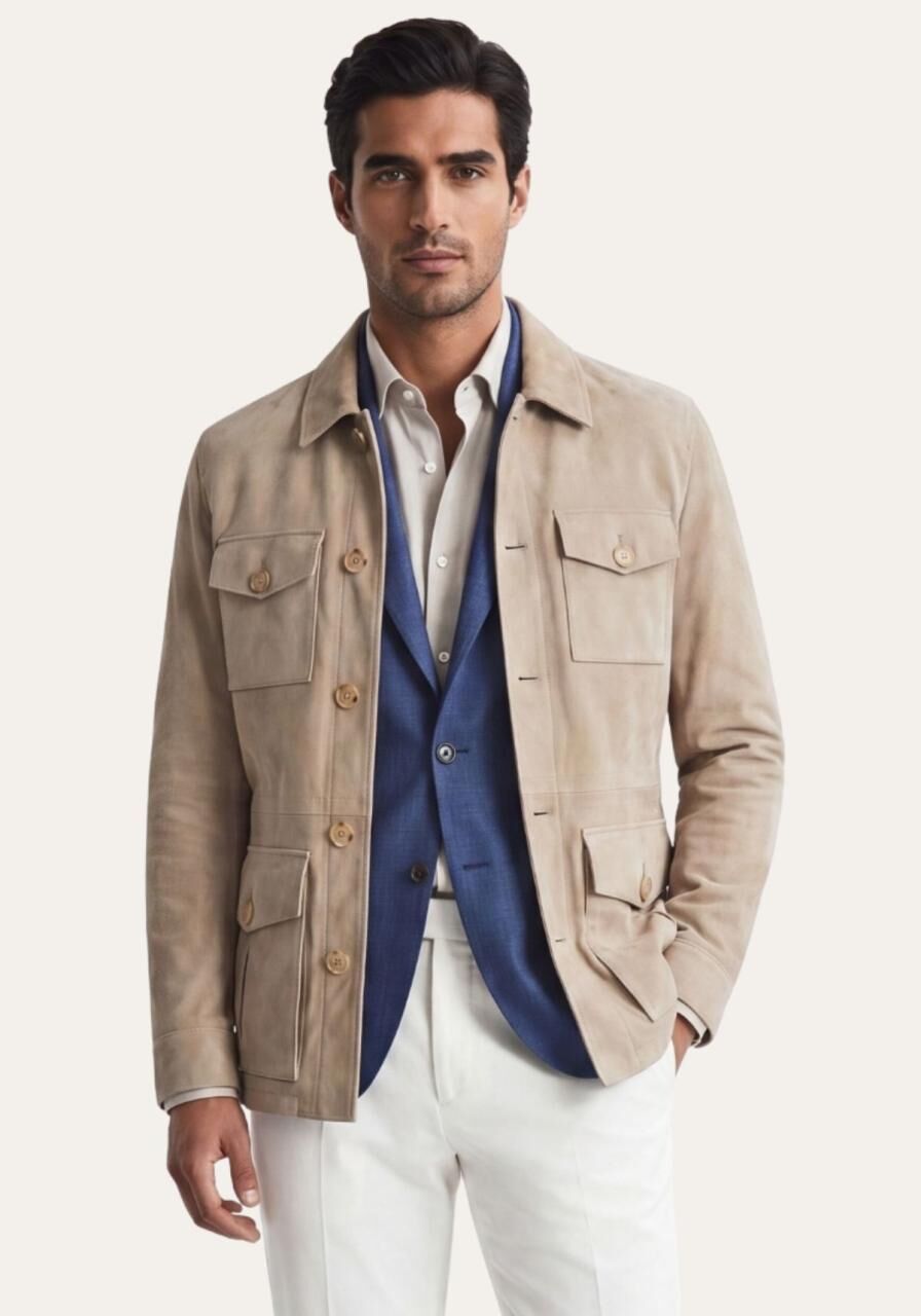 Lederjacke in Beige Klassischer Safari Stil - Größe: XL