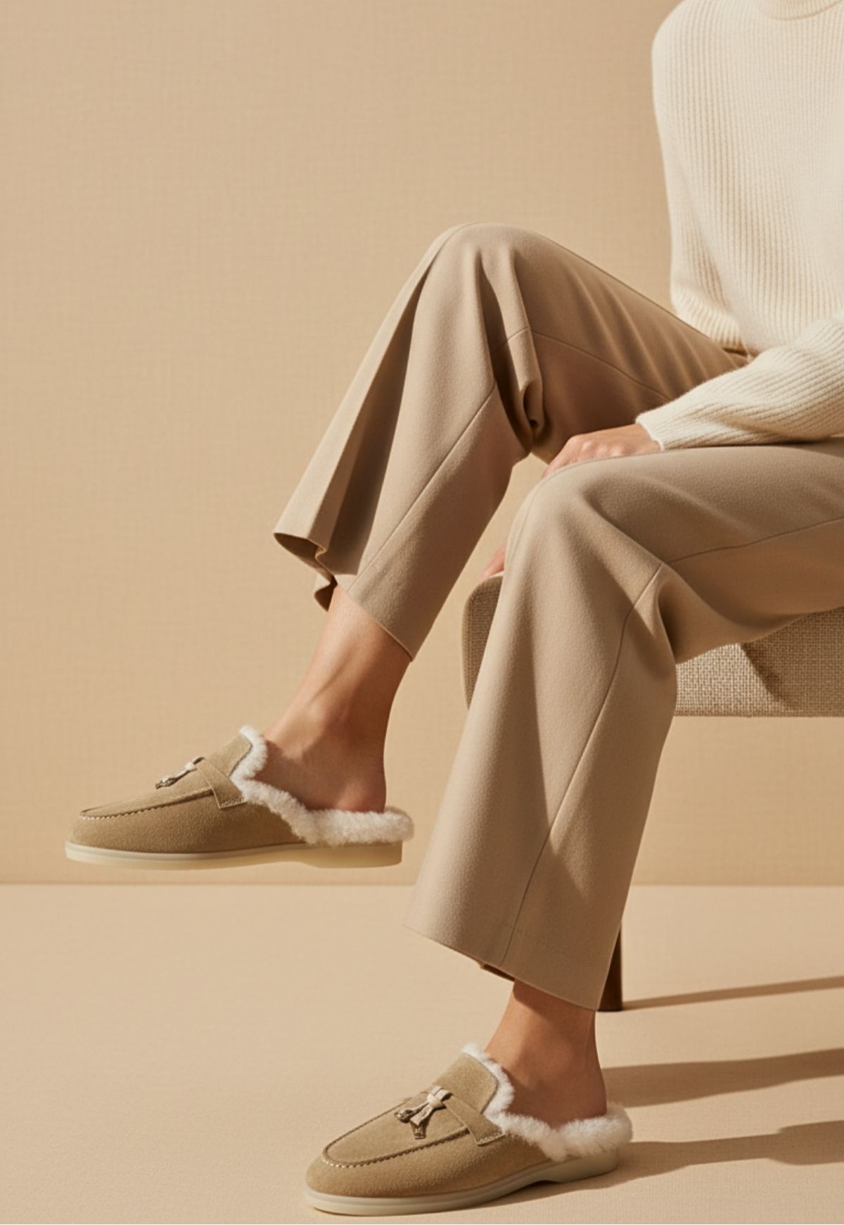 Fiorana Damen Lammfell-Mules Sand – Handgefertigter Komfort in seiner schönsten Form