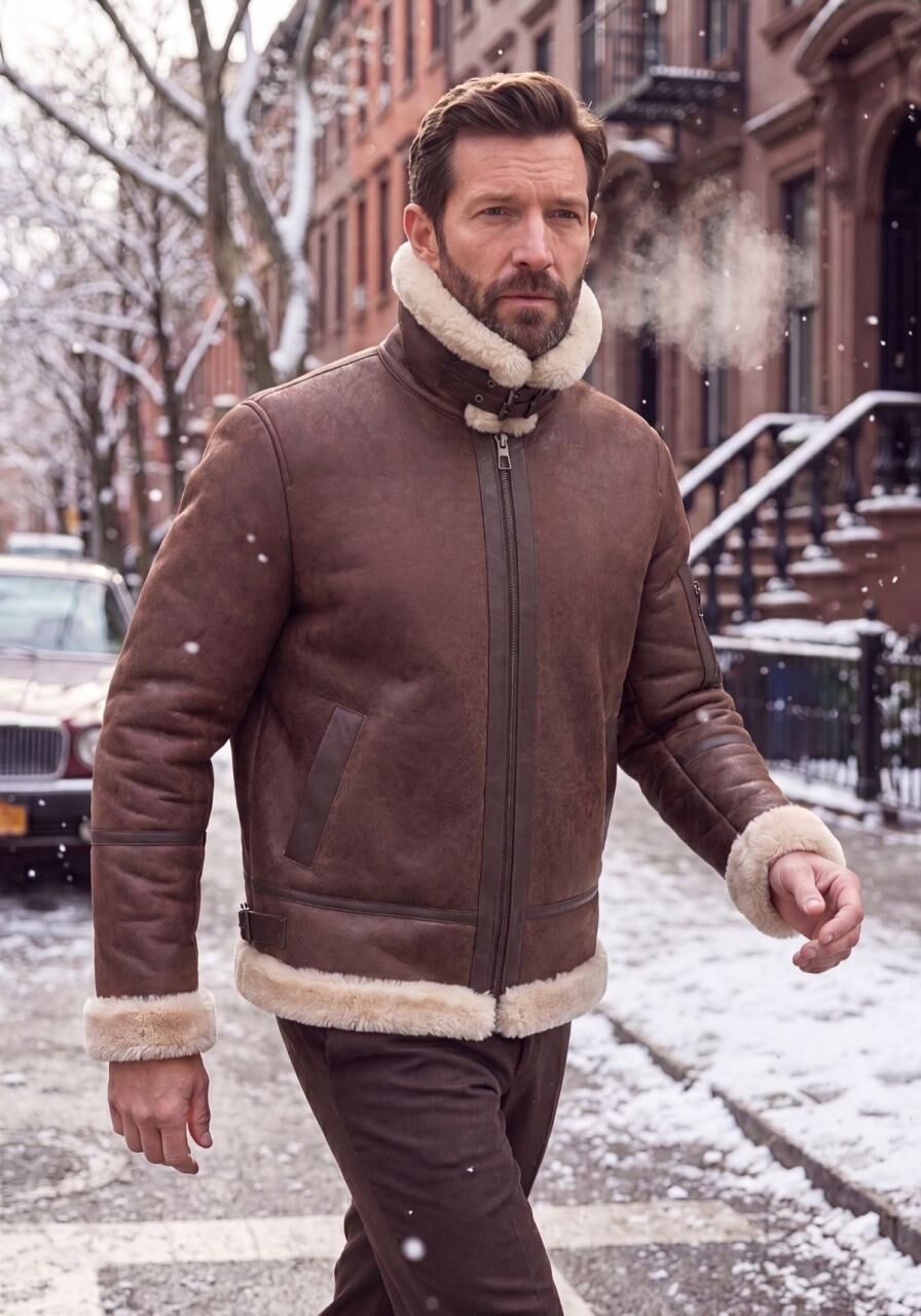 Lammfell Bomberjacke Aviator Mahagoni aus Merino Shearling - Größe: 3XL