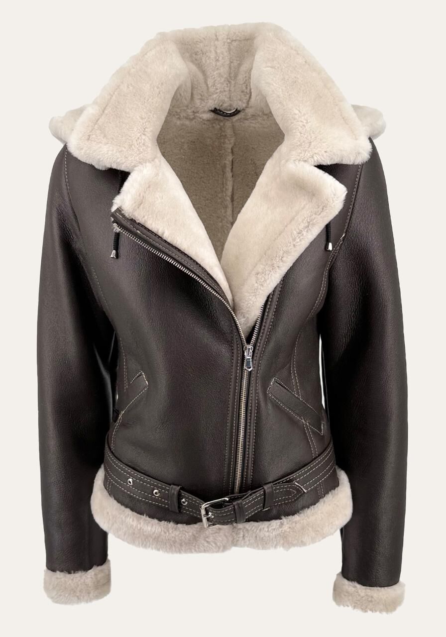 Lammfelljacke aus Merino mit abnehmbarer Kapuze - Größe: L | Farbe: Espresso