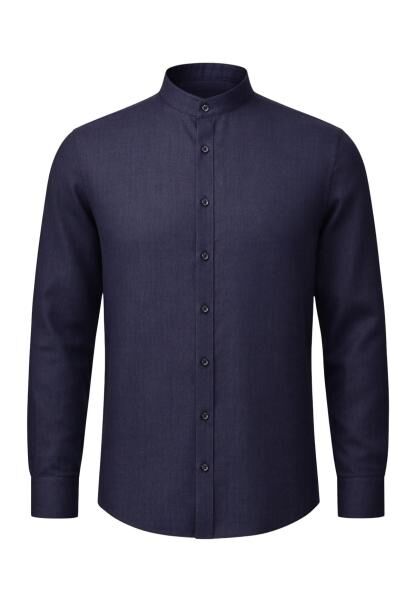 Herrenhemd aus 100% Leinen in Dunkelblau - Sommerhemd mit Stehkragen