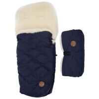 Set of a sleeping bag for a trolley and a hand warmer made of lamb's wool Blue