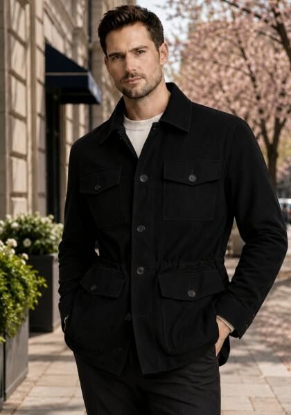 Lederjacke in Schwarz – Klassischer Safari Stil