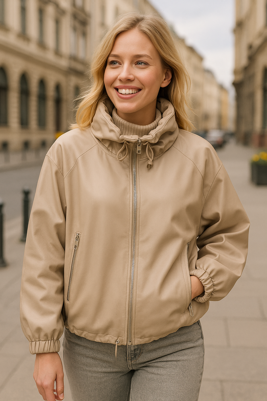 Lederjacke Odette Beige im Oversize-Look