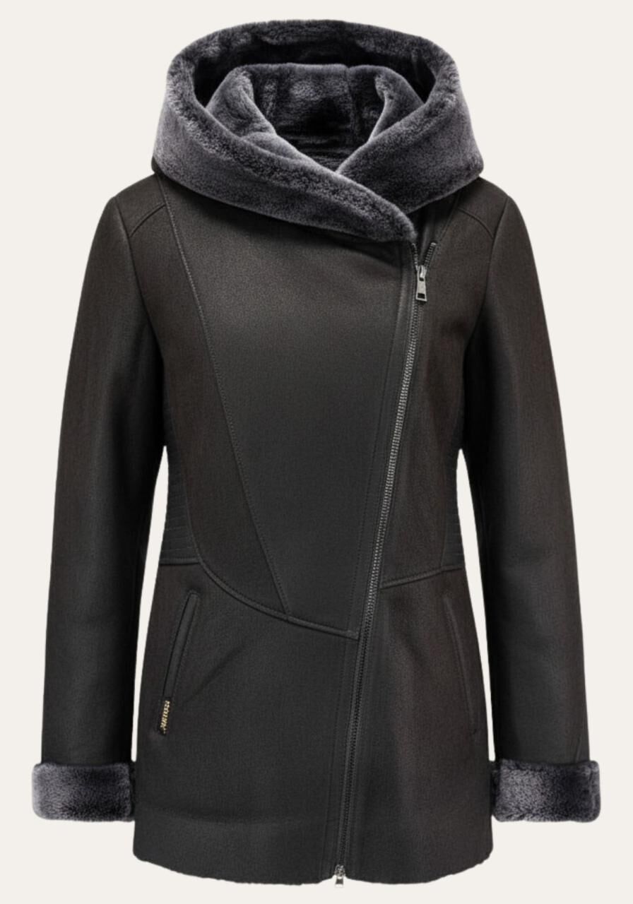 Lammfelljacke mit Kapuze und Ledereinsätzen - natürlich w... - Größe: XXL | Farbe: Dunkelgrau