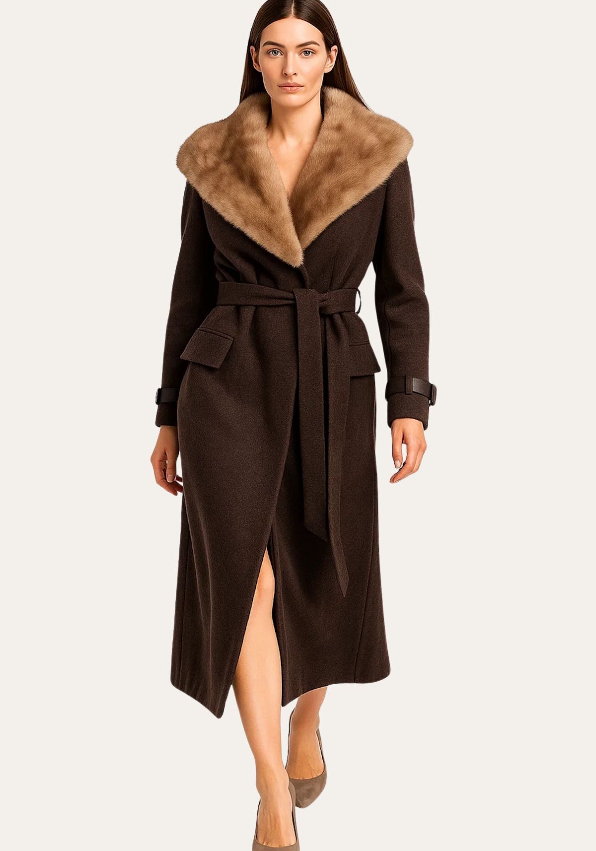 Mantel Valentina – Kaschmir mit Fellkragen und Kapuze