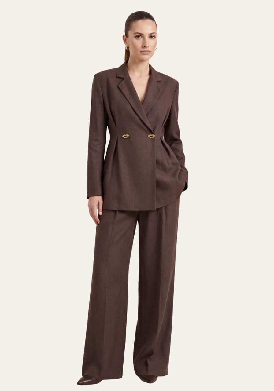 Stilvolles Damen Set Braun - Langarm Blazer & Palazzo-Hose - Größe: XL