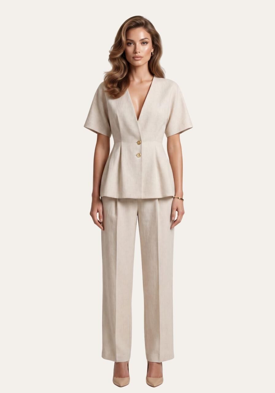 Stilvolles Damen Set Beige - Kurzarm Blazer & Palazzo-Hose - Größe: XL