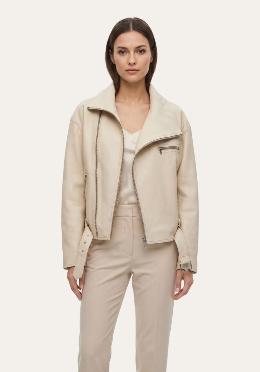 Lederjacke im Biker Stil – Geschmeidige Qualität in Beige - Größe: M