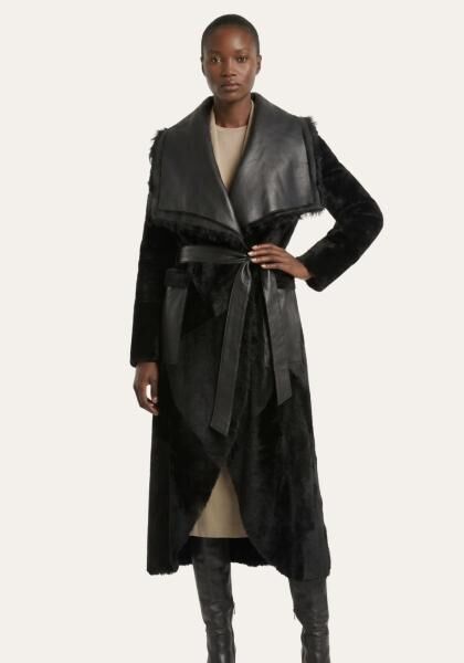 Shearling Lammfellmantel mit opulentem Fellkragen Schwarz