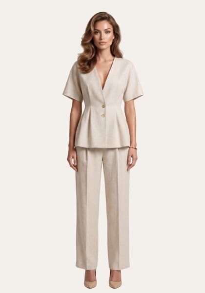 Stilvolles Damen Set Beige - Kurzarm Blazer & Palazzo-Hose