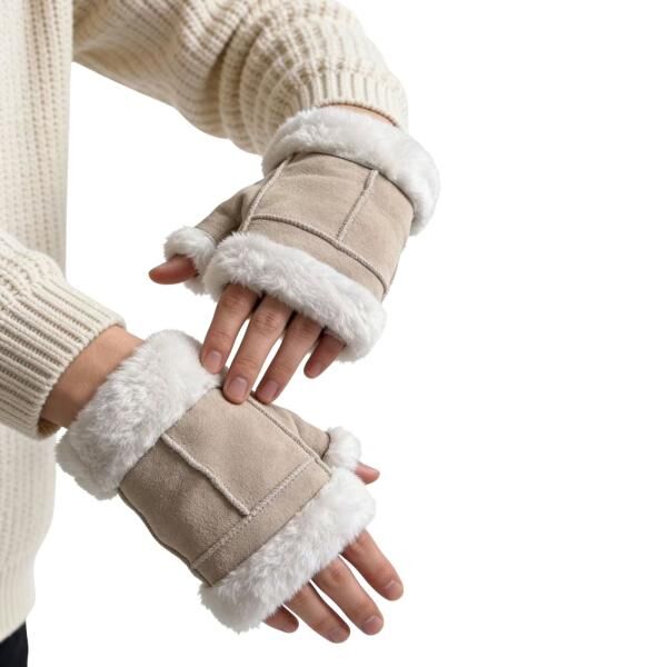 Fingerlose Handschuhe aus Lammfell in Beige – warm & zeitlos