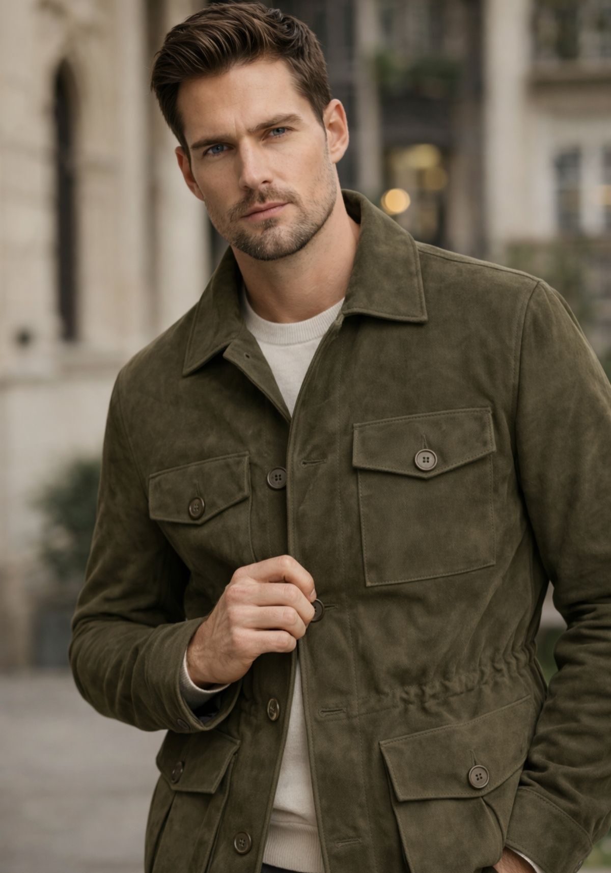 Lederjacke in Oliv – Klassischer Safari Stil