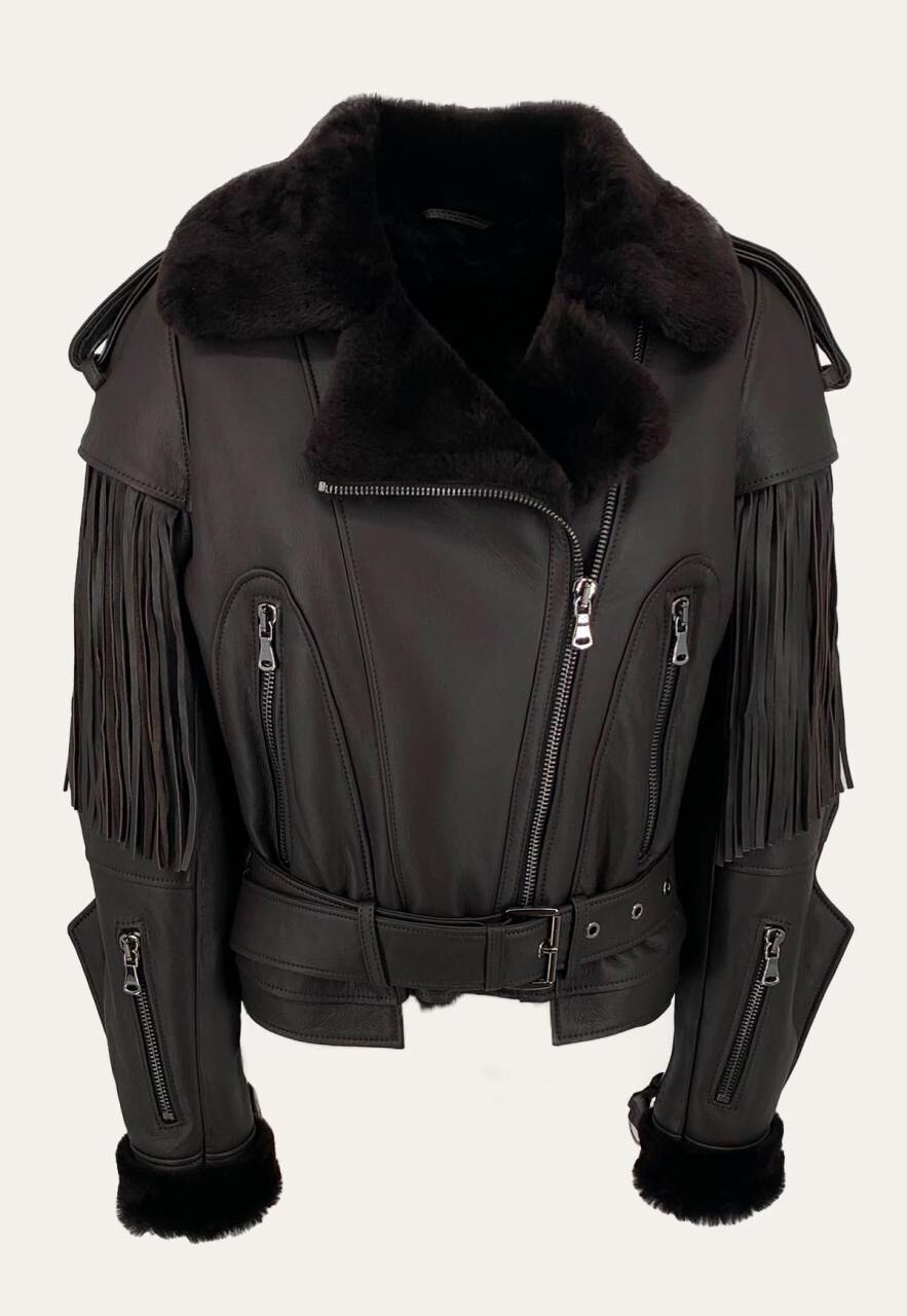 Lammfelljacke im Western-Stil – Raffinierte Fransen, edle... - Größe: XL