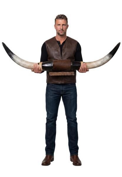 Longhorn Wandobjekt Modell 2 – Naturhorn Einzelstück mit Leder- & Holzhalterung