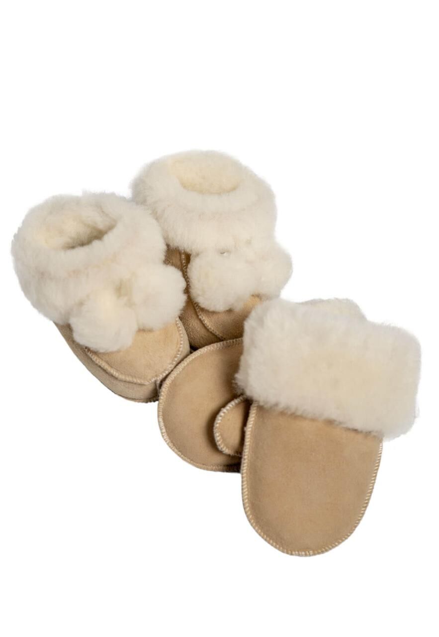 Baby Set Schuhe & Handschuhe aus Merino Lammfell - Schuhgröße: EUR 16-17