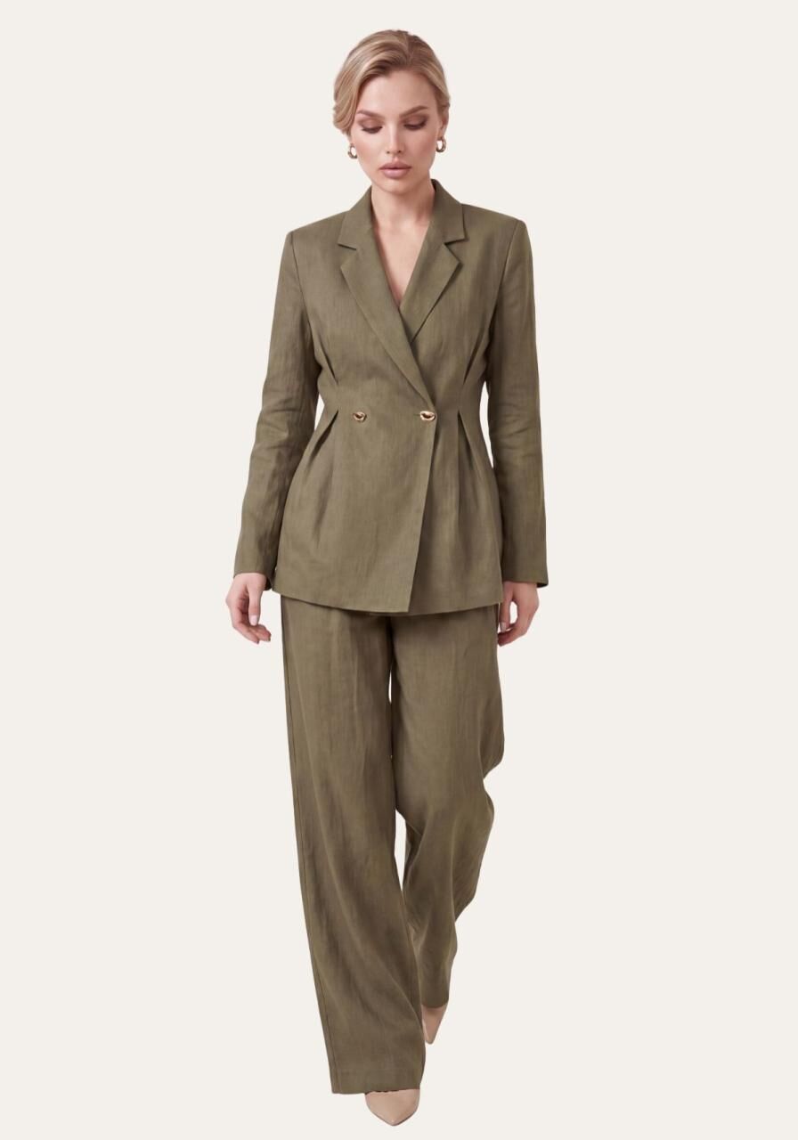 Stilvolles Damen Set Khaki – Langarm Blazer & Palazzo-Hose - Größe: XL