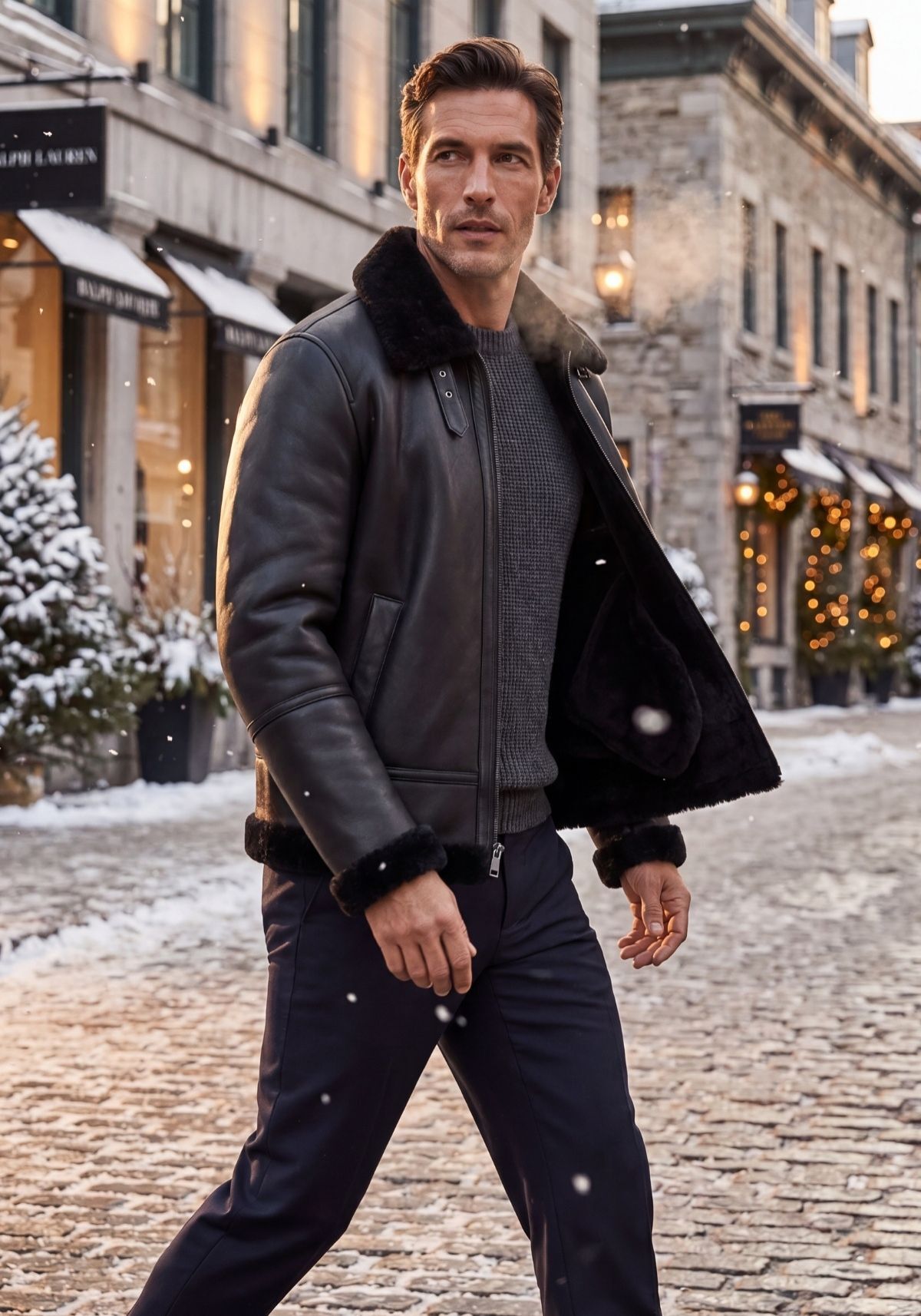 Lammfell Bomberjacke Aviator Black aus Merino Shearling