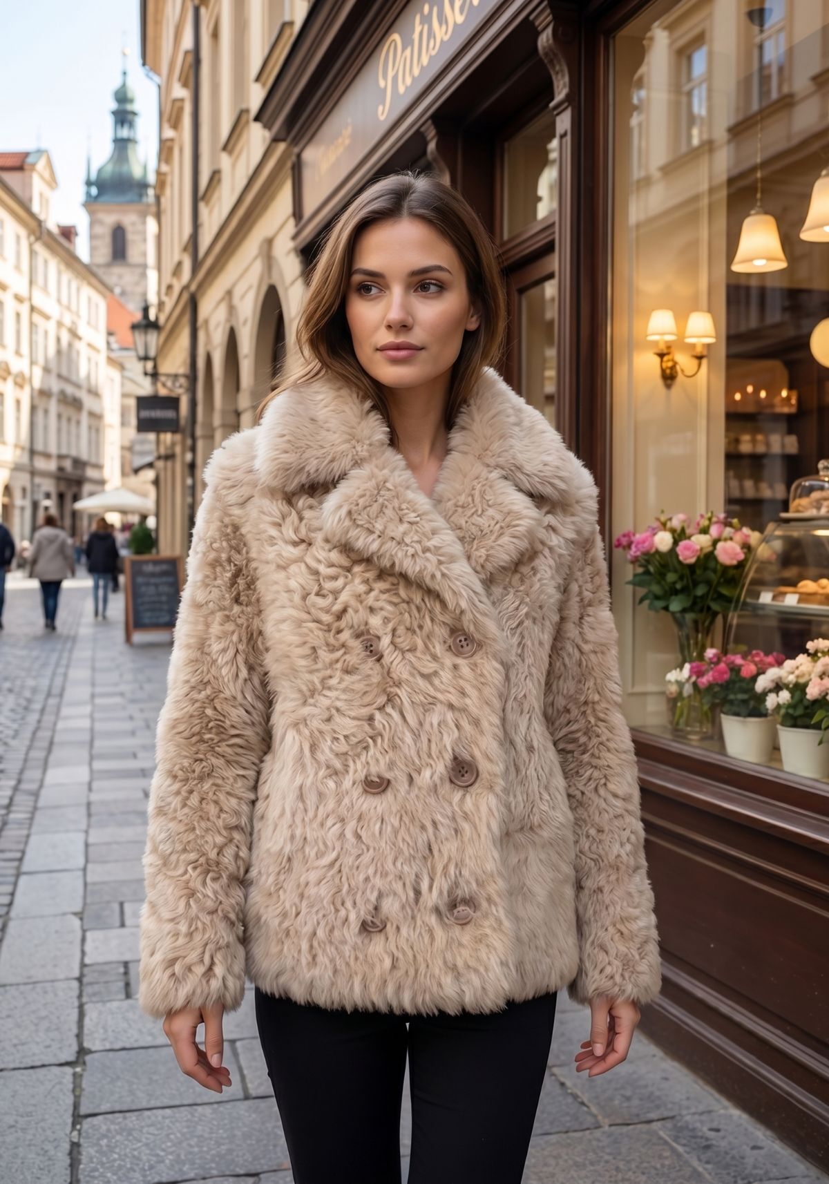 Curly-Lammfell-Wendejacke in Beige - zwei Looks, ein Stil