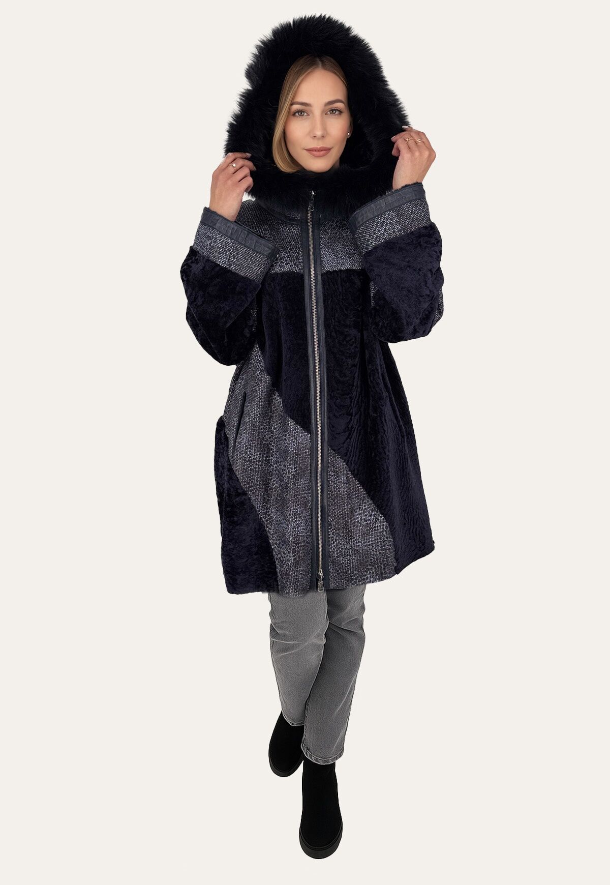 Edle Wendbare Lammfelljacke im Oversize-Look mit Kapuze