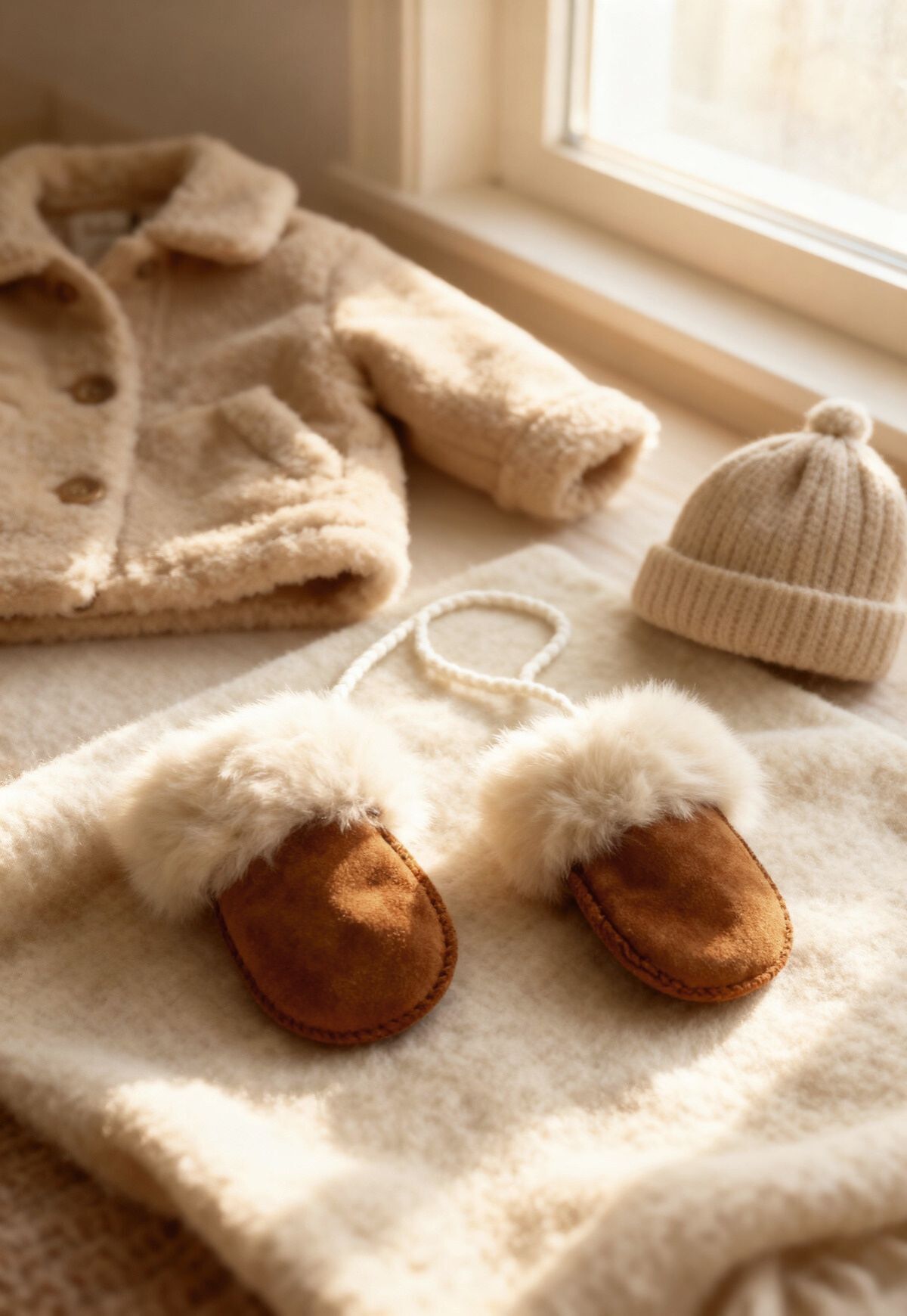 Merino Lammfell Baby Fäustlinge - Cognac/Weiß (0-1 Jahr)