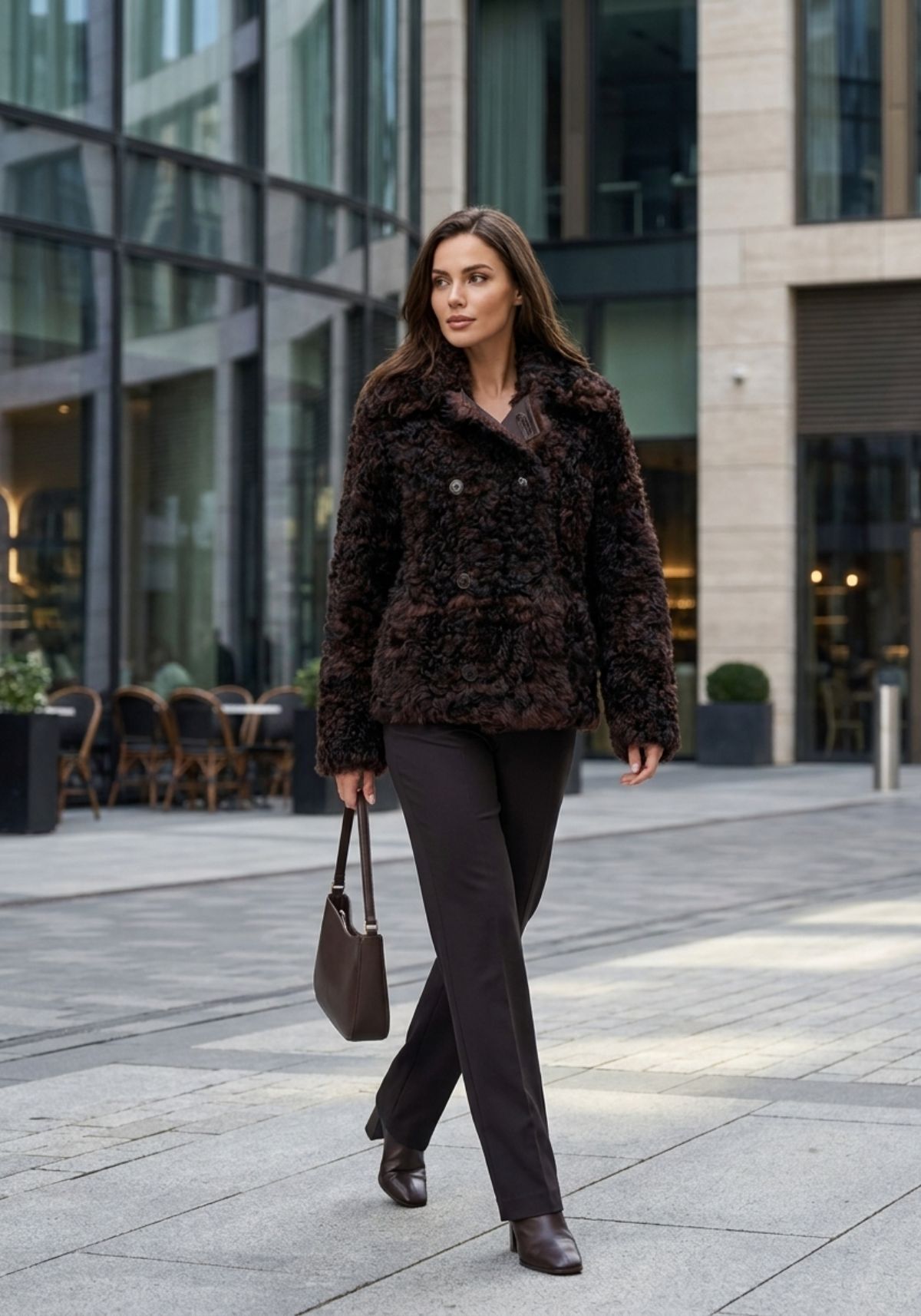 Curly-Lammfell-Wendejacke in Dunkelbraun - zwei Looks, ein Stil