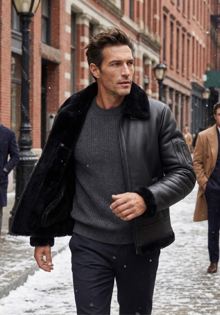 Lammfell Bomberjacke Aviator Black aus Merino Shearling - Größe: 3XL